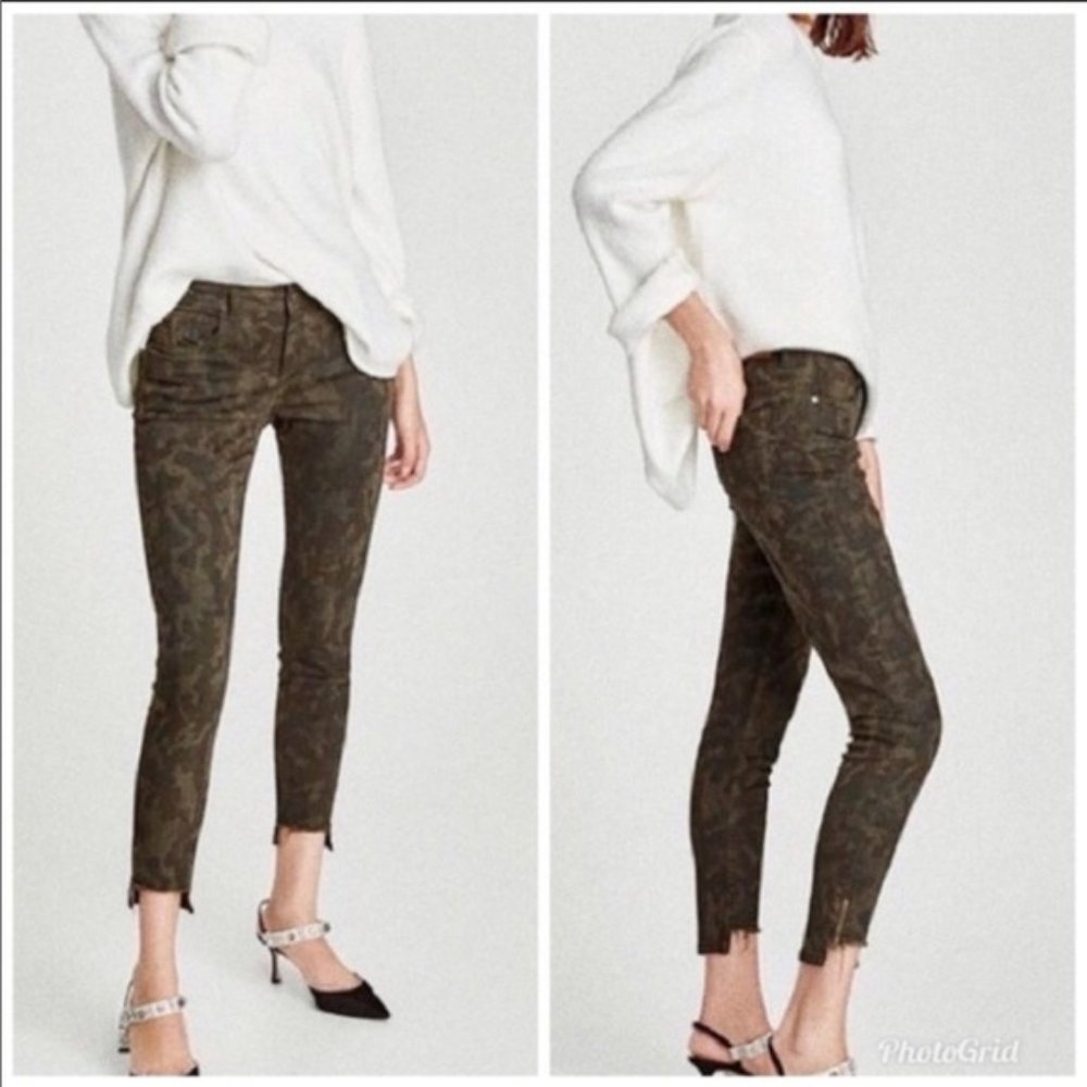 Zara Basic Z1975 Denim Cropped Ankle Mid-Rise Jeans Camo Green Size 8 US